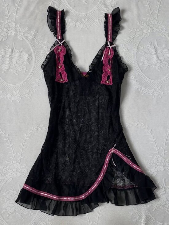 Dresses & Skirts - Vintage Black Lace Mini Dress Pink Trim Ruffle Hem Babydoll Cami Night Out